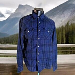 True Religion Western Shirt Men's Large Pearl Snap Blue Plaid Cotton Cowboy_AN